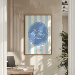 This Is My Happy Place, Blue Striped Wall Art, Kitchen Print, Stripey Trendy Aesthetic Home Decor, Cute Positive Quote Gift - thumbnail 2