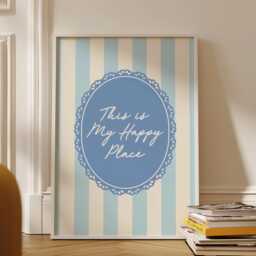 This Is My Happy Place, Blue Striped Wall Art, Kitchen Print, Stripey Trendy Aesthetic Home Decor, Cute Positive Quote Gift - thumbnail 1