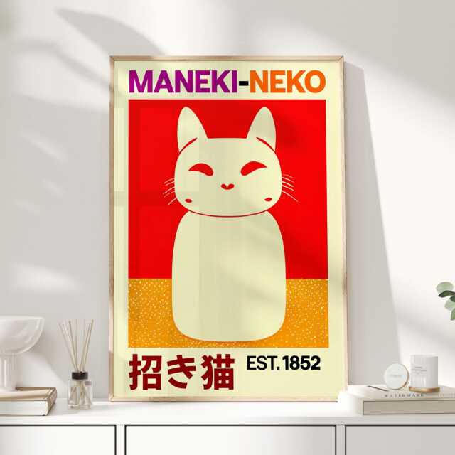 Maneki Neko, Neko Cat, Print, Lucky Japanese Wall Art, Poster, Japandi, Print - image 1