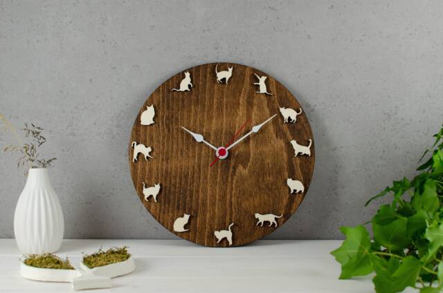 Cat Clock - Wood Wall Cat Lovers Gift Cute Kitty Decor -Home Art With Figurines - image 1