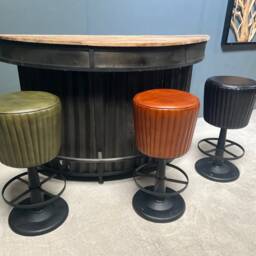 Industrial Style Ribbed Leather Bar Stool On Cast Iron Base in Black - thumbnail 3