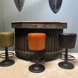 Industrial Style Ribbed Leather Bar Stool On Cast Iron Base in Black - thumbnail 2