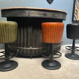 Industrial Style Ribbed Leather Bar Stool On Cast Iron Base in Black - thumbnail 4