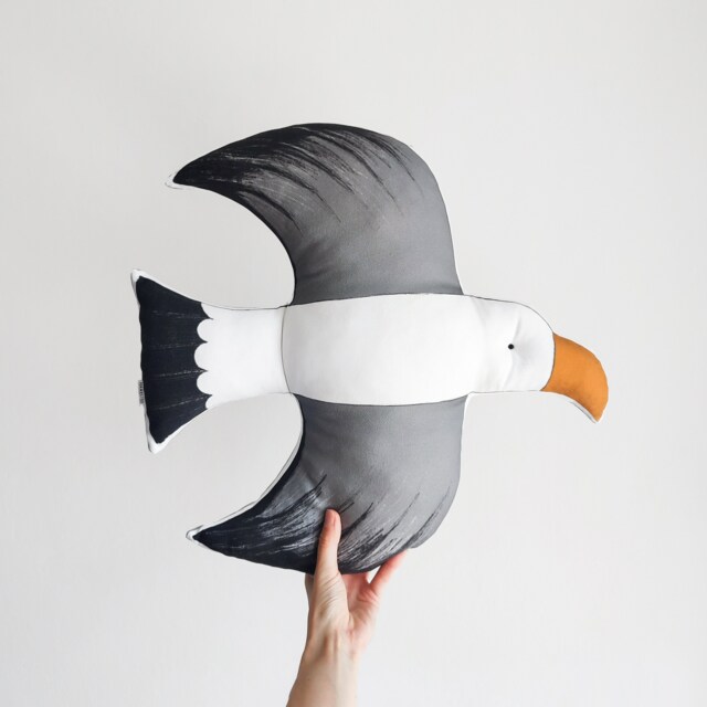 Linen Seagull Pillow Coastal Nautical Cushion, Velvet Back - image 1