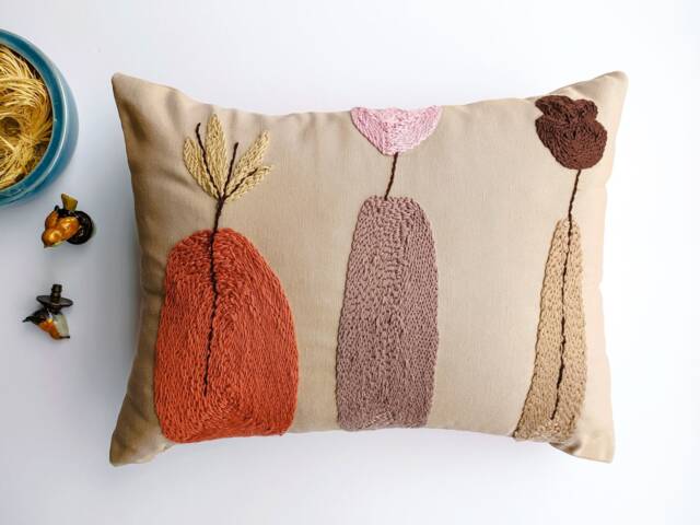 Embroidered Punch Needle Floral Lumbar Pillow Case, Throw Cushion, Cotton Farmhouse Decoration - image 1