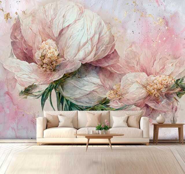 Huge Flower Wall Mural Pink Gold Decal Girl Nursery Decor Bedroom Gold Wallpaper Removable Backdrop - image 1