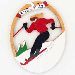 Personalized Skiing Christmas Ornament For Female Skier With Custom Colors-Wood, Hand Painted, Laser Cut - thumbnail 3