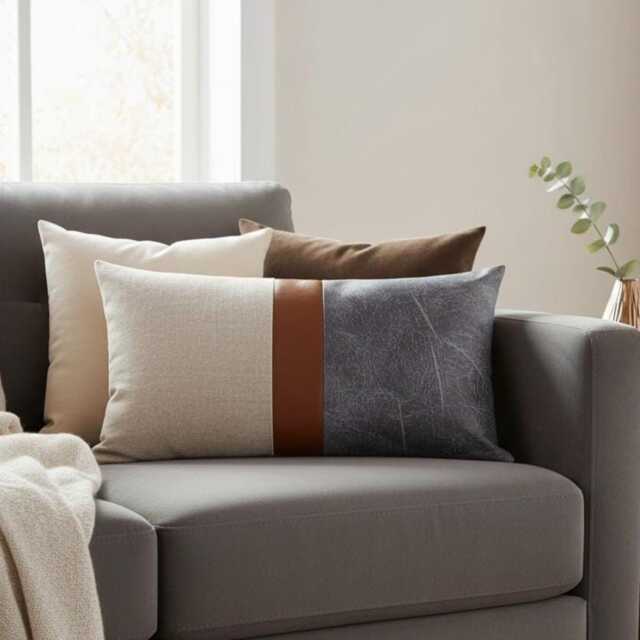 Color Block Lumbar Pillow Cover Linen, Faux Leather, Retro Cushion - image 1