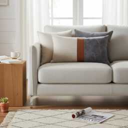 Color Block Lumbar Pillow Cover Linen, Faux Leather, Retro Cushion - thumbnail 4