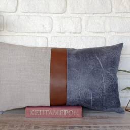 Color Block Lumbar Pillow Cover Linen, Faux Leather, Retro Cushion - thumbnail 2