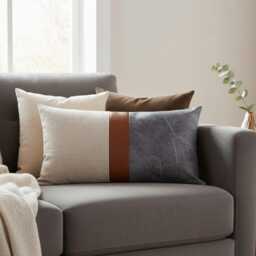 Color Block Lumbar Pillow Cover Linen, Faux Leather, Retro Cushion - thumbnail 1