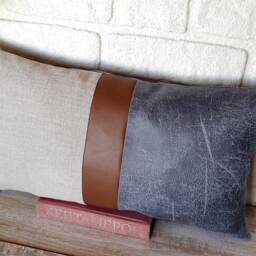 Color Block Lumbar Pillow Cover Linen, Faux Leather, Retro Cushion - thumbnail 3
