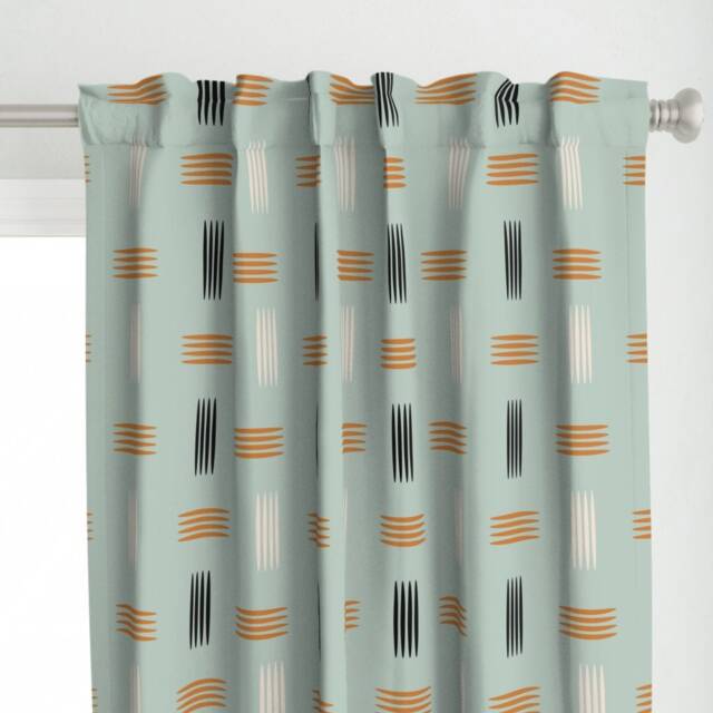 Mod Curtain Panel - Retro Vintage Style Mint Rust White Lines Custom Mid Century Modern Teal Blue By Chickoteria - image 1