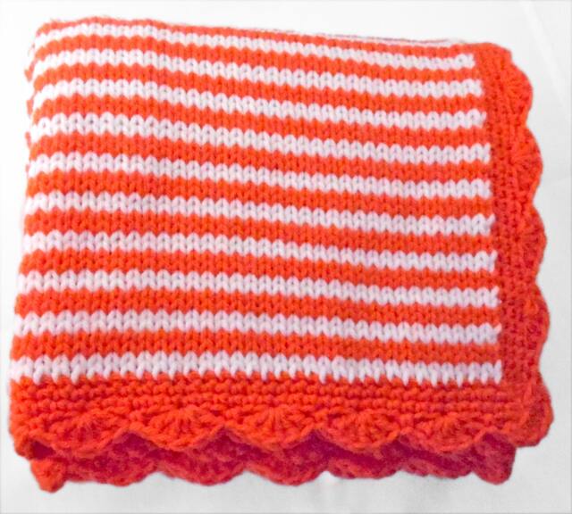 Knitted Baby Blanket Orange & White Stripes, Scalloped Border - image 1