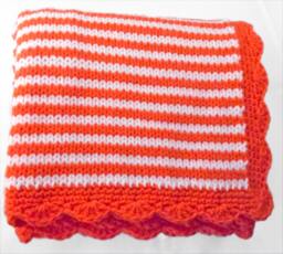 Knitted Baby Blanket Orange & White Stripes, Scalloped Border - thumbnail 1
