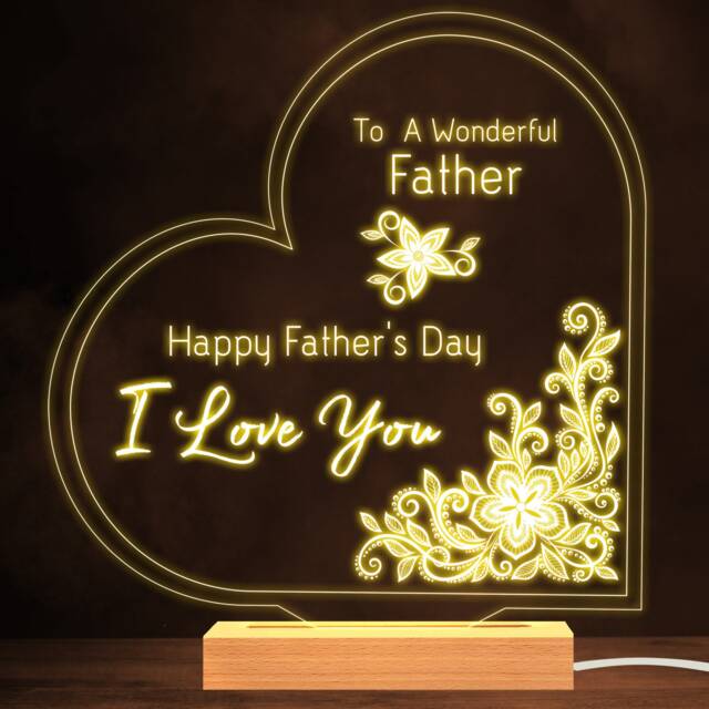 Floral A Wonderful Father Happy Father's Day Dad Heart White Night Light - Personalised Gift Bedroom Lamp - image 1