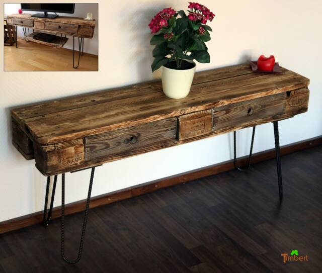 Vintage Tv Stand/Board Made From Euro Pallets, Hairpin Legs, Industrial Design, Rustic Sideboard, Reclaimed Wood, Upcycled Table, Wooden Furniture - image 1