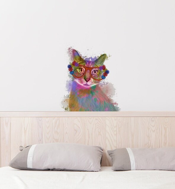 Rainbow Cat With Glasses Wall Sticker Decal - Kids Stickers, Animals Childrens Decals, Art, Room