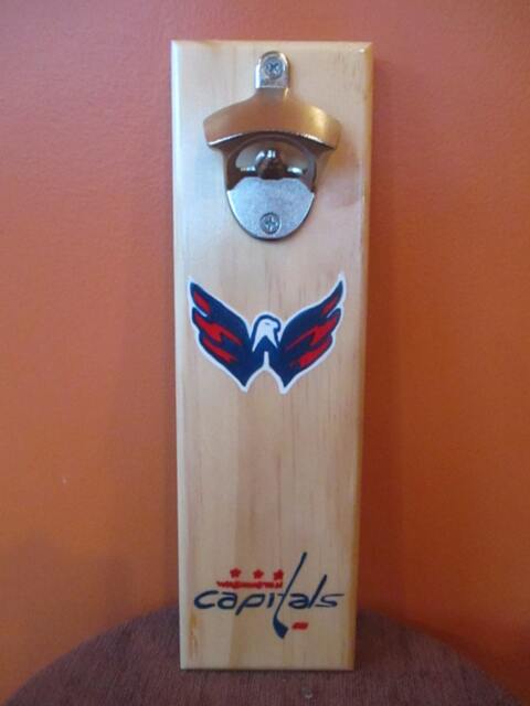 Washington Capitals Wall Mounted Wooden Magnetic Bottle Opener With Cap Catcher Bottle Opener - image 1