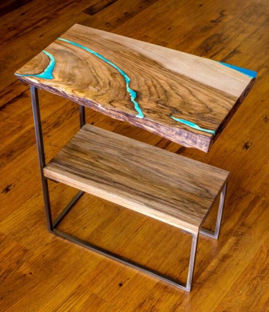 Bed Side End Table Live Edge Bookshelf With Glowing Resin - image 1