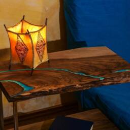 Bed Side End Table Live Edge Bookshelf With Glowing Resin - thumbnail 4