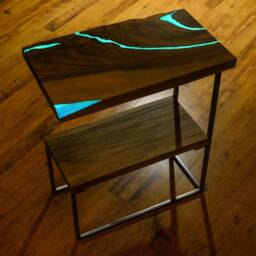 Bed Side End Table Live Edge Bookshelf With Glowing Resin - thumbnail 3