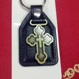Leather Keychain With Copper Metal Cross Faith Gift - thumbnail 3
