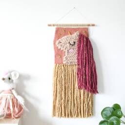 Pastel Boho Nursery Wall Hanging, Handmade Woven Art, Kids Room Decor, Unicorn Theme - thumbnail 3