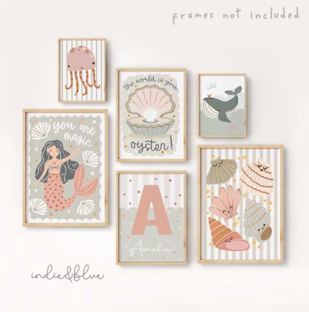 Set Of 6 Personalised Mermaids Gallery Wall Set, Shells, Whale, Print Bundle, Ocean Nursery Print, Sea Decor, Girl Bedroom Decor - image 1