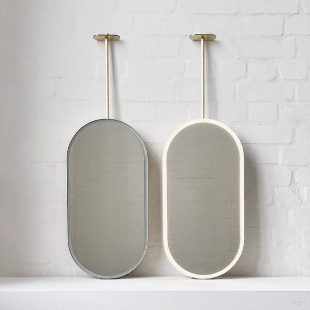 Set Of Two Capsula Ceiling Suspended Illuminated Modern Mirror With Brass Frame - image 1