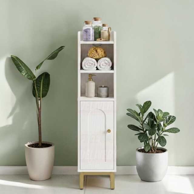 Space Saving Corner Bathroom Storage Cabinet Narrow Unit Adjustable Shelves Arched Door Mdf Base - image 1