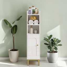 Space Saving Corner Bathroom Storage Cabinet Narrow Unit Adjustable Shelves Arched Door Mdf Base - thumbnail 1