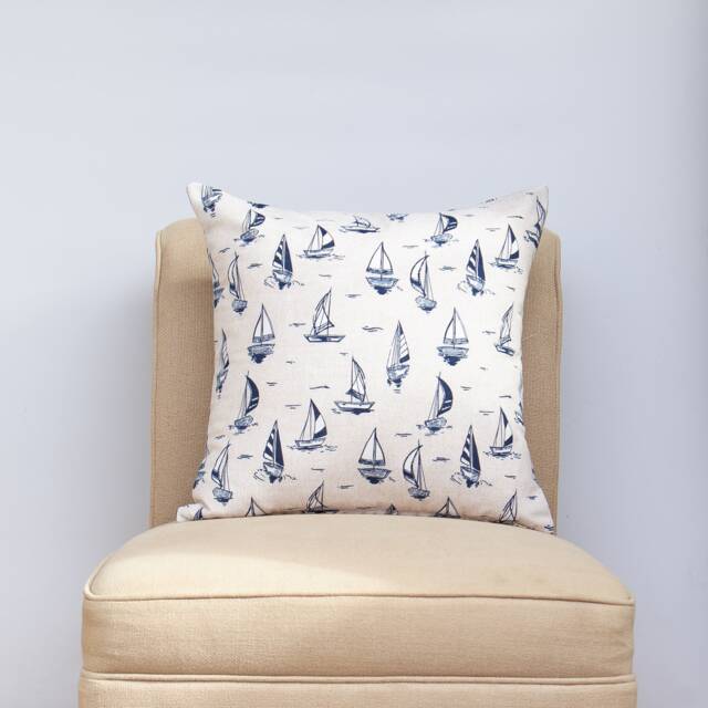 Velero Sailboat Cushion. Marine Blue & White Nautical Yacht Design. 17x17 - image 1