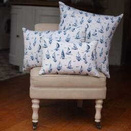 Velero Sailboat Cushion. Marine Blue & White Nautical Yacht Design. 17x17 - thumbnail 2