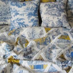 Handmade Toile De Jouy Patchwork Quilt - Blue Yellow Ivory Throw Blanket French Country Style - thumbnail 3