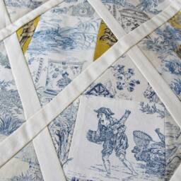 Handmade Toile De Jouy Patchwork Quilt - Blue Yellow Ivory Throw Blanket French Country Style - thumbnail 4
