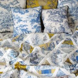 Handmade Toile De Jouy Patchwork Quilt - Blue Yellow Ivory Throw Blanket French Country Style - thumbnail 2