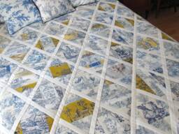 Handmade Toile De Jouy Patchwork Quilt - Blue Yellow Ivory Throw Blanket French Country Style - thumbnail 1