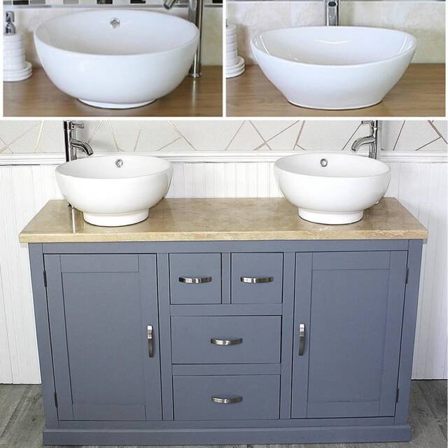 Grey Painted Bathroom Double Vanity Unit Cabinet Travertine Ceramic Basin Set 603Gttcbc - image 1
