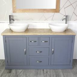 Grey Painted Bathroom Double Vanity Unit Cabinet Travertine Ceramic Basin Set 603Gttcbc - thumbnail 2