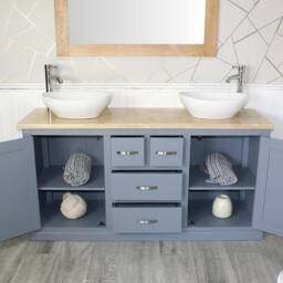 Grey Painted Bathroom Double Vanity Unit Cabinet Travertine Ceramic Basin Set 603Gttcbc - thumbnail 3