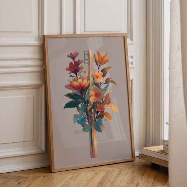 Dental Wall Art Print - Floral Toothbrush Illustration Modern Dentist Office D??cor Colourful Medical - image 1