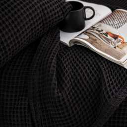 Black Waffle Cotton Blanket Soft Turkish Bedspread, Sofa Throw - thumbnail 3