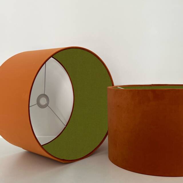 Burnt Orange Velvet Drum Lampshade, Double Sided Lampshade With Olive Green Cotton Interior - image 1