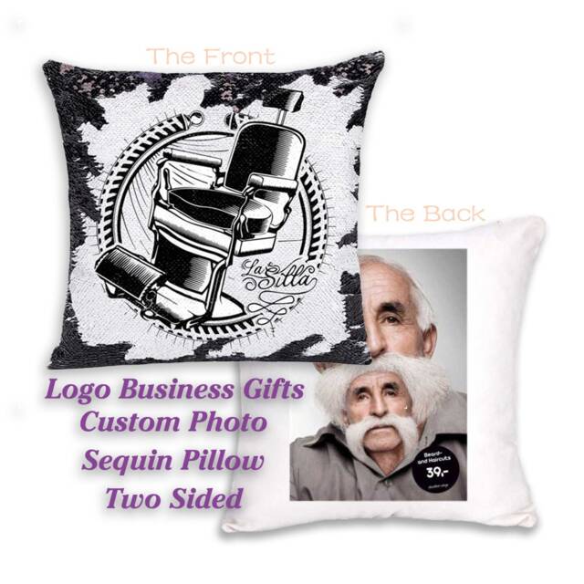 Personalized Two Photos Pillow Cover - Custom Company Logo Sequin For Small Business - image 1