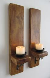 Pair Of Reclaimed Plank Wood Wall Sconce Candle Holders With Antique Cast Iron Brackets - thumbnail 1