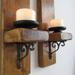 Pair Of Reclaimed Plank Wood Wall Sconce Candle Holders With Antique Cast Iron Brackets - thumbnail 3