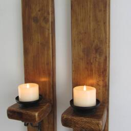 Pair Of Reclaimed Plank Wood Wall Sconce Candle Holders With Antique Cast Iron Brackets - thumbnail 2