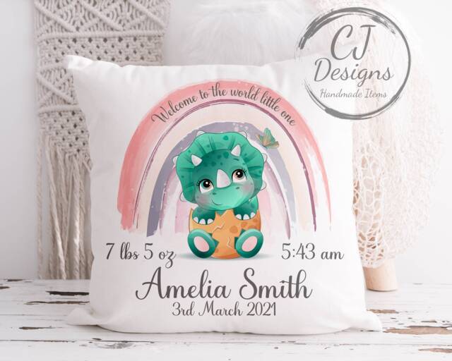 Personalised Dinosaur Cushion Cute New Baby Chistening Gift Keepsake White Canvas Cover Pink Or Green - image 1