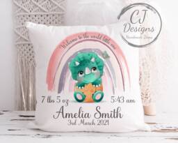 Personalised Dinosaur Cushion Cute New Baby Chistening Gift Keepsake White Canvas Cover Pink Or Green - thumbnail 1